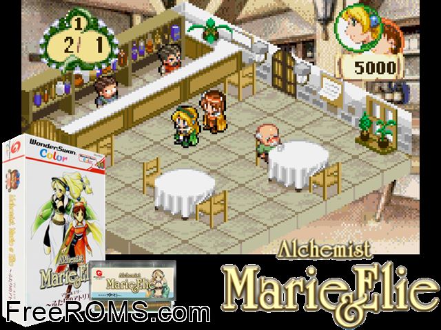 Alchemist Marie and Elie - Futari no Atelier (J) [!] Wonderswan game showing 3D box cover and gameplay screenshot